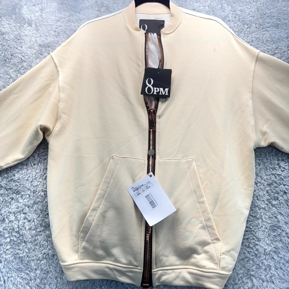 8PM Womens XXS Ivory Bomber Jacket Full Zip Long Sleeve Pocket Sweatshirt NWT